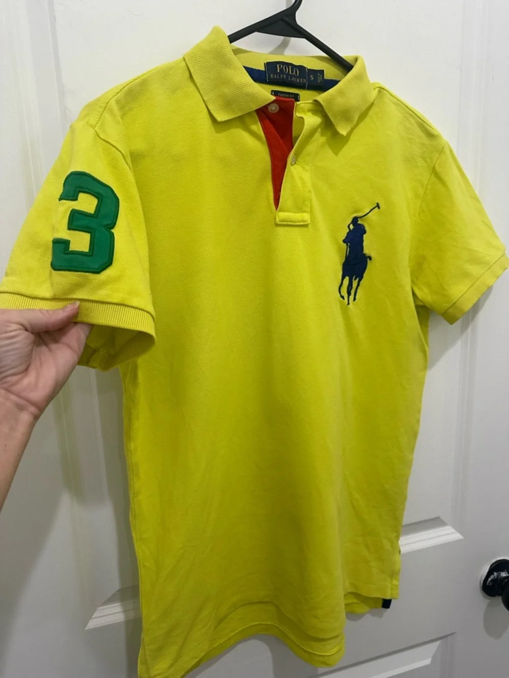 Ralph Lauren Yellow Polo Shirt with Green Sleeve Patch and Navy Logo